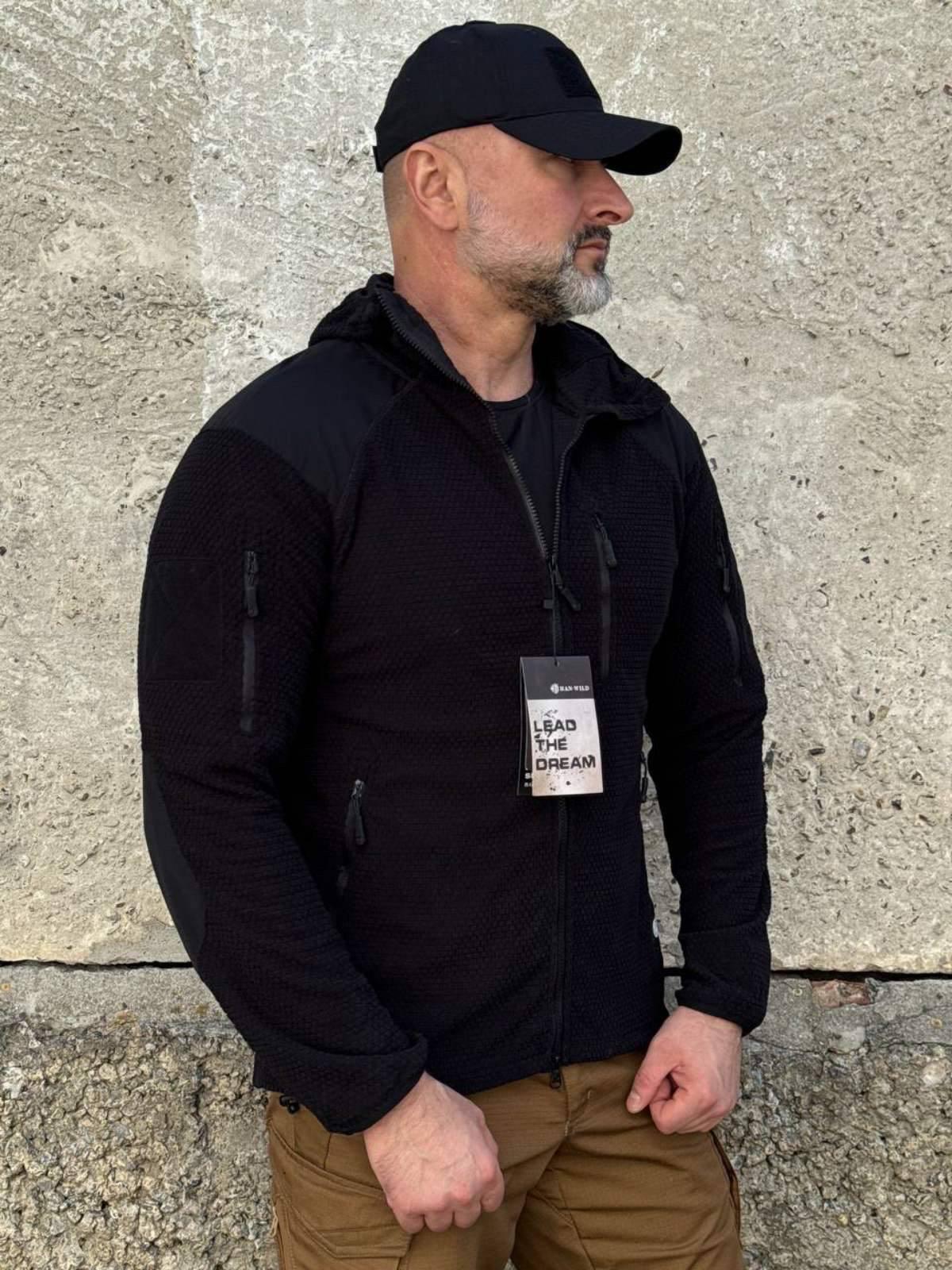 Тактична військова флісова кофта з капюшоном Han Wild кубик/соти Black - Зображення 2