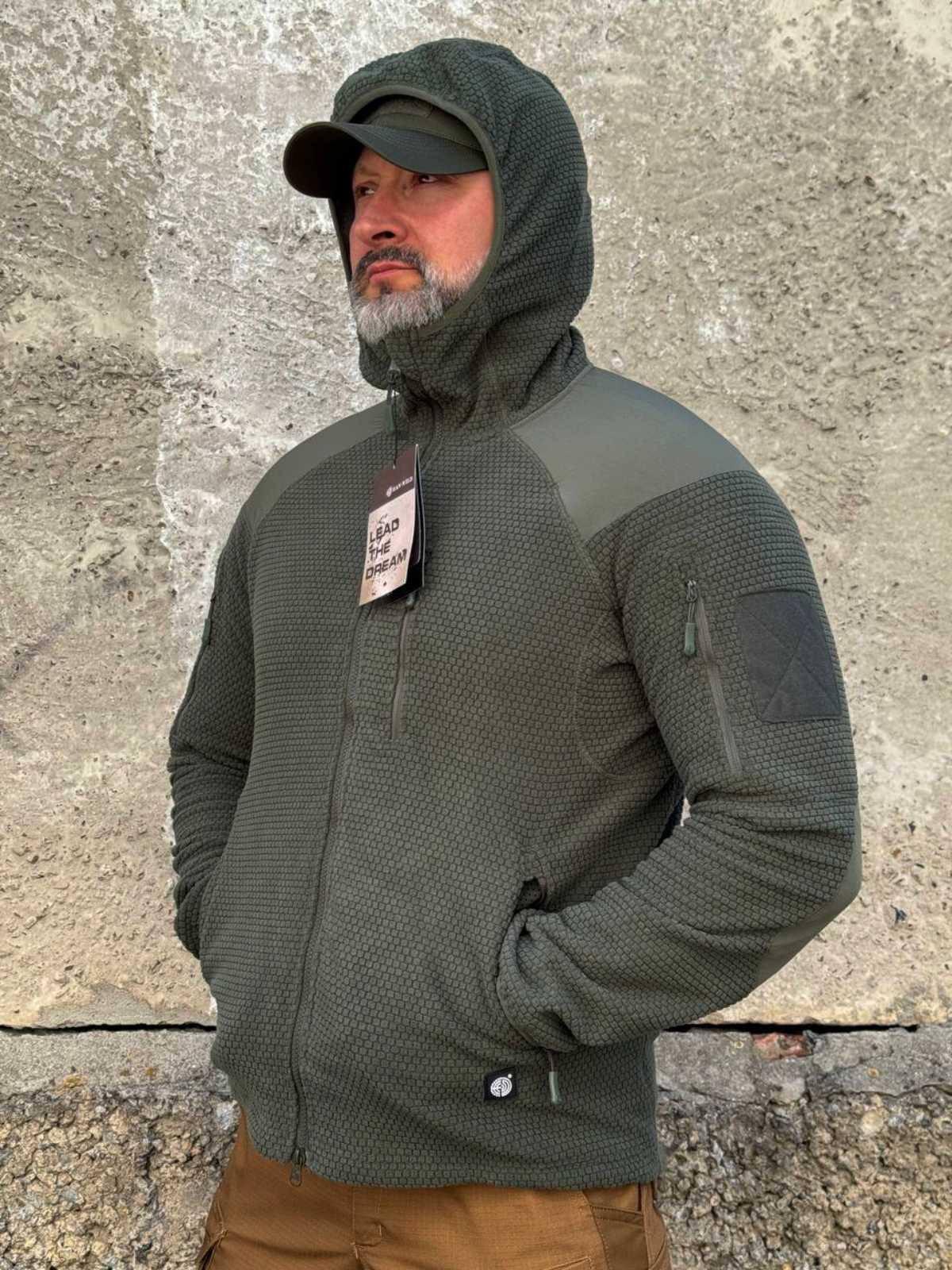 Тактична військова флісова кофта з капюшоном Han Wild кубик/соти Olive - Зображення 2